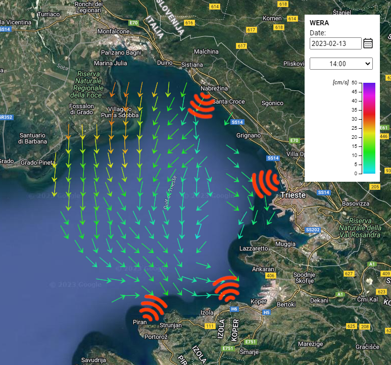 HF radar locations and sea current measurements